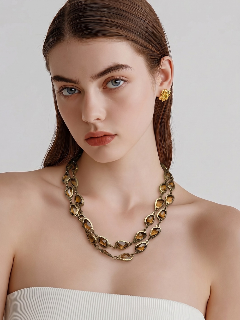 Chicos Gold Tone Brown/clear Stone Necklace vintage EUC
